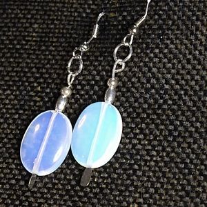 🌈 RAINBOW MOONSTONE-*30MM. CABS- 2-2/4" LONG STERLING HYPOALLERGENIC EAR WIRES.